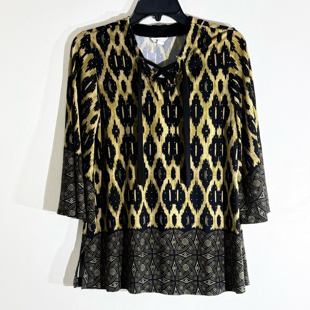 CATO Gold Olive Black Graphic 3/4 Sleeve Blouse Womens Size XS